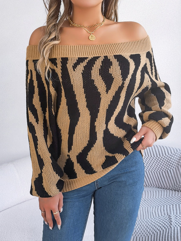 Autumn Winter Casual Contrast Color off Neck off the Shoulder Lantern Sleeve Sweater Women Clothing