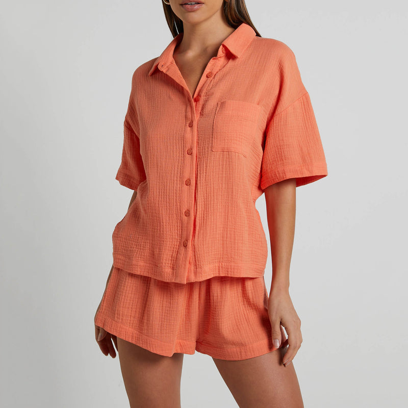 Solid Color Shirt Outfit Women  Casual Loose Short Sleeves Single Breasted Women  Clothing Spring Summer Shorts Two Piece Set - Angelique