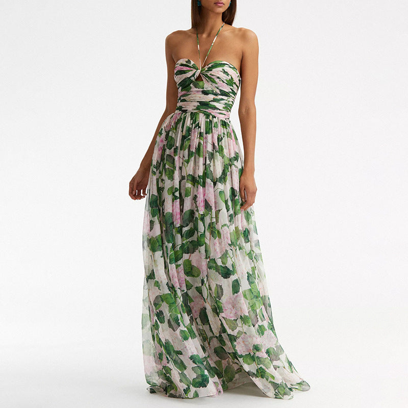 Green Printing Maxi Dress Summer Halter Sleeveless Sexy Maxi Dress for Women - Angelique