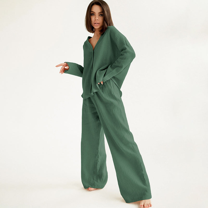 Summer Double Layer Crepe V-neck French Loose Comfortable Long Sleeve Pajamas Women  Cotton Linen Homewear Set - Angelique