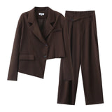 Autumn Winter Irregular Asymmetric Design Short Blazer High Waist Wide Leg Pants Set