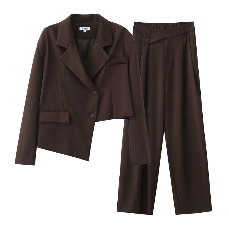 Herbst Winter Unregelmäßige Asymmetrische Design Kurzen Blazer Hohe Taille Breite Bein Hosen Set