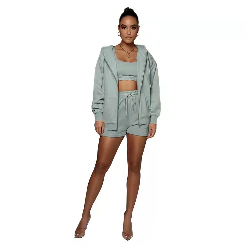 Frühling Herbst Urban Casual Einfarbig Strickjacke Mit Kapuze Shorts Frauen Samt Langarm Sweatshirt Anzug Zwei Stück Set