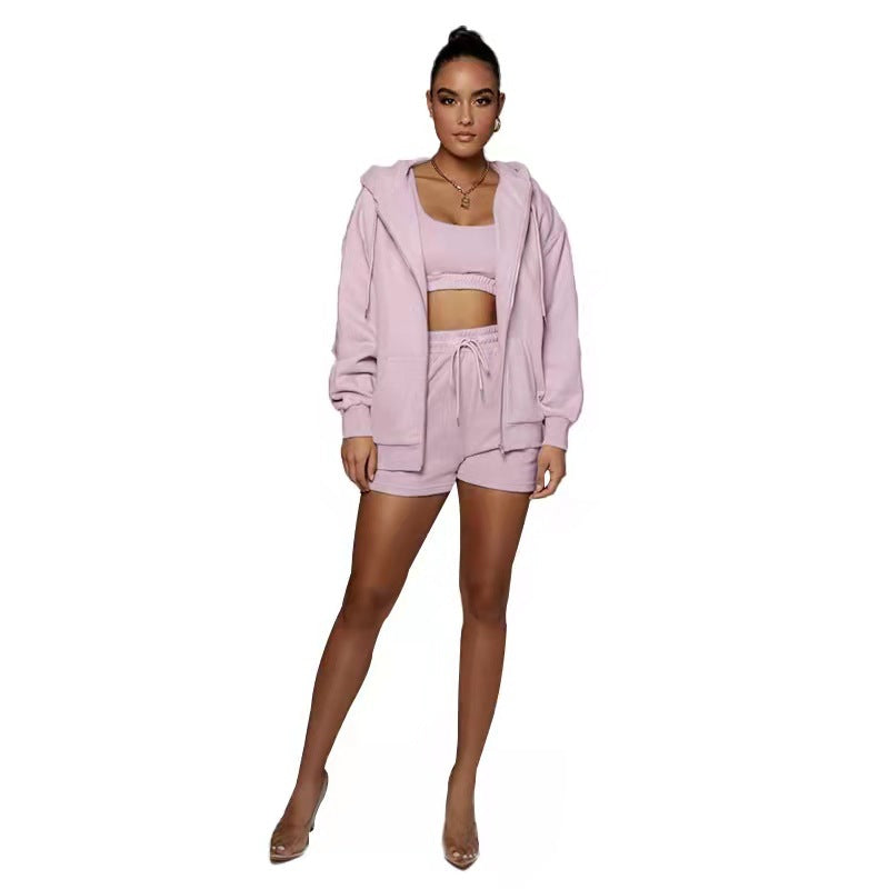 Frühling Herbst Urban Casual Einfarbig Strickjacke Mit Kapuze Shorts Frauen Samt Langarm Sweatshirt Anzug Zwei Stück Set