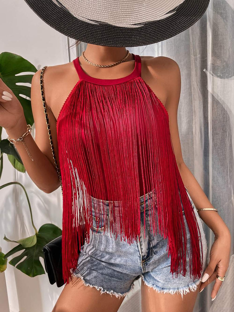 Women Solid Color Sleeveless Halter Tops Ladies Tassel Beach Swimsuit - Angelique