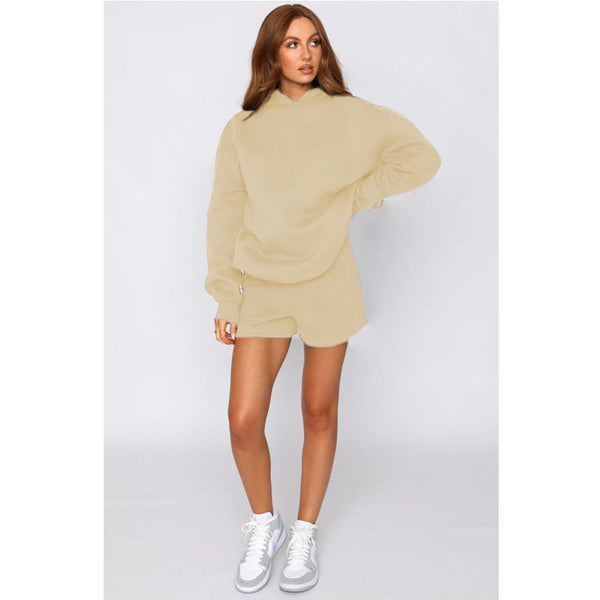 Autumn Winter Solid Color Hooded Pullover Long Sleeve Sweaters Women Clothing Shorts Suit