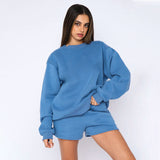 Cotton Autumn Winter Solid Color round Neck Pullover Long Sleeve Sweater Women Casual Shorts Set