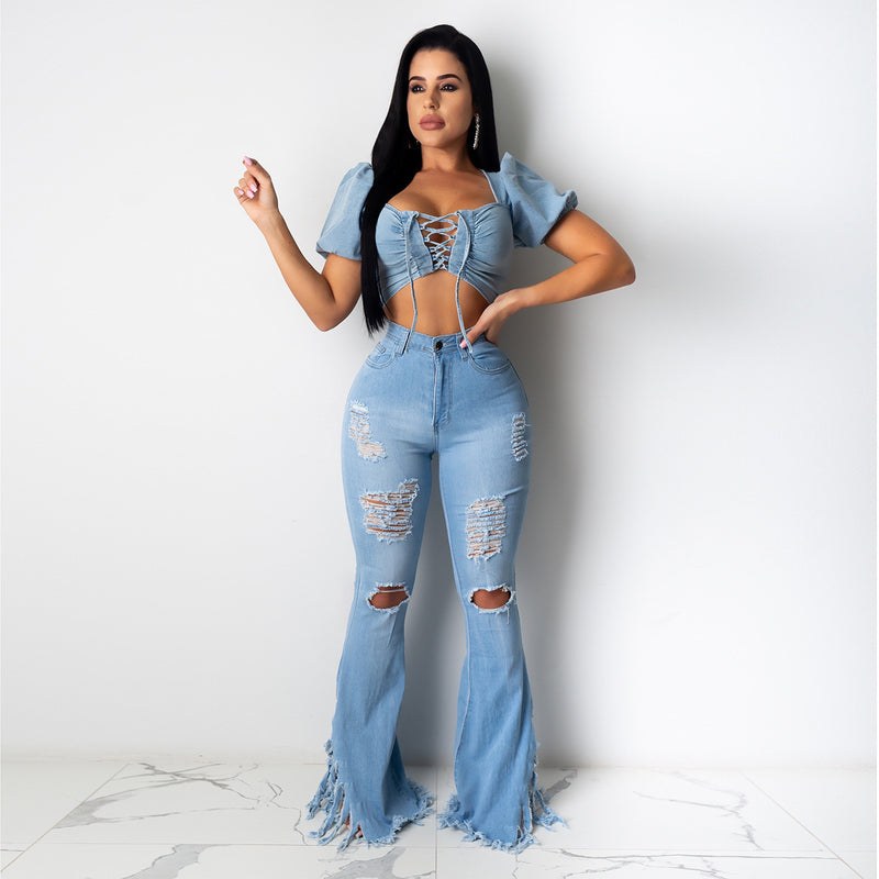 Women Women Clothing Ripped Tassel Washed Jeans Pants Only