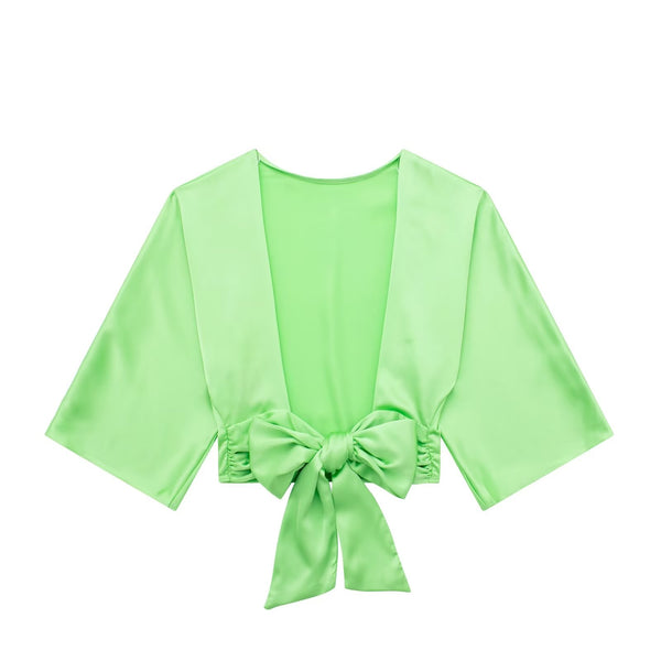 Summer Wind Women Bowknot Decoration Silk Satin Textured Shirt Set