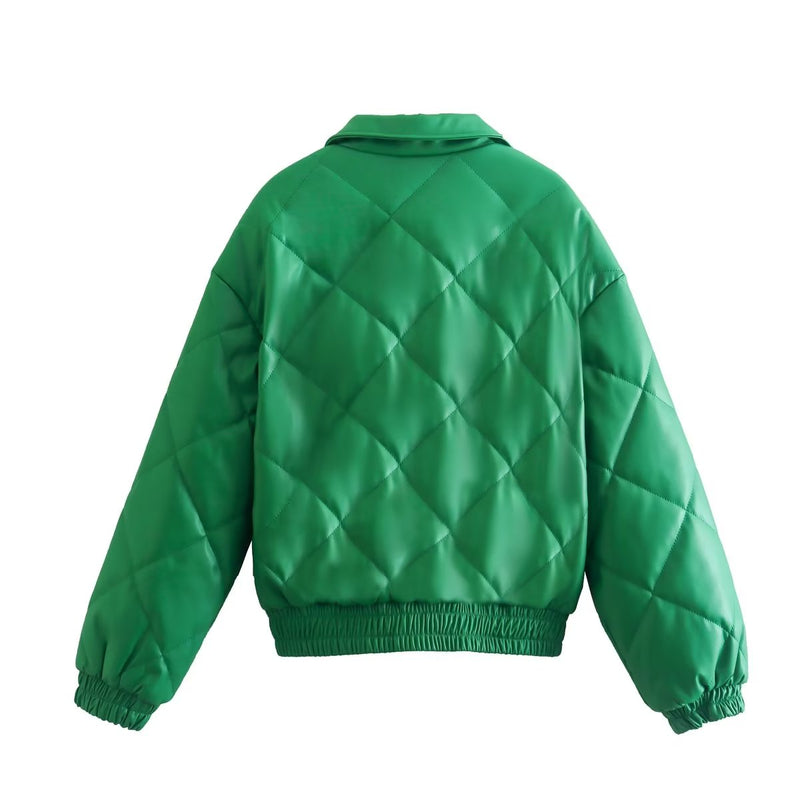 Green Faux Leather Cotton Padded Coat for Women Winter Polo Collar Plaid Cotton Coat Jacket Cardigan