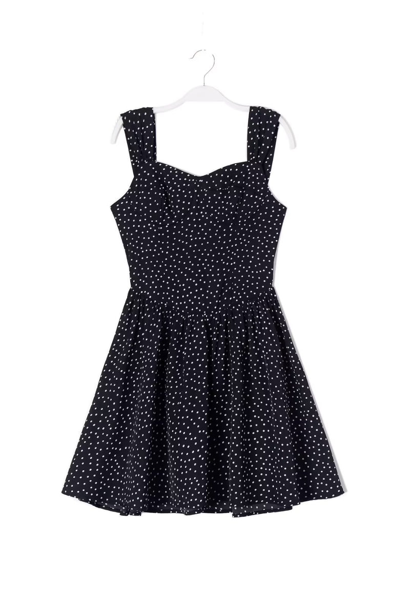 Summer Vacation Casual Comfortable Square Collar Pure Black Bottom Polka Dot Printed Dress