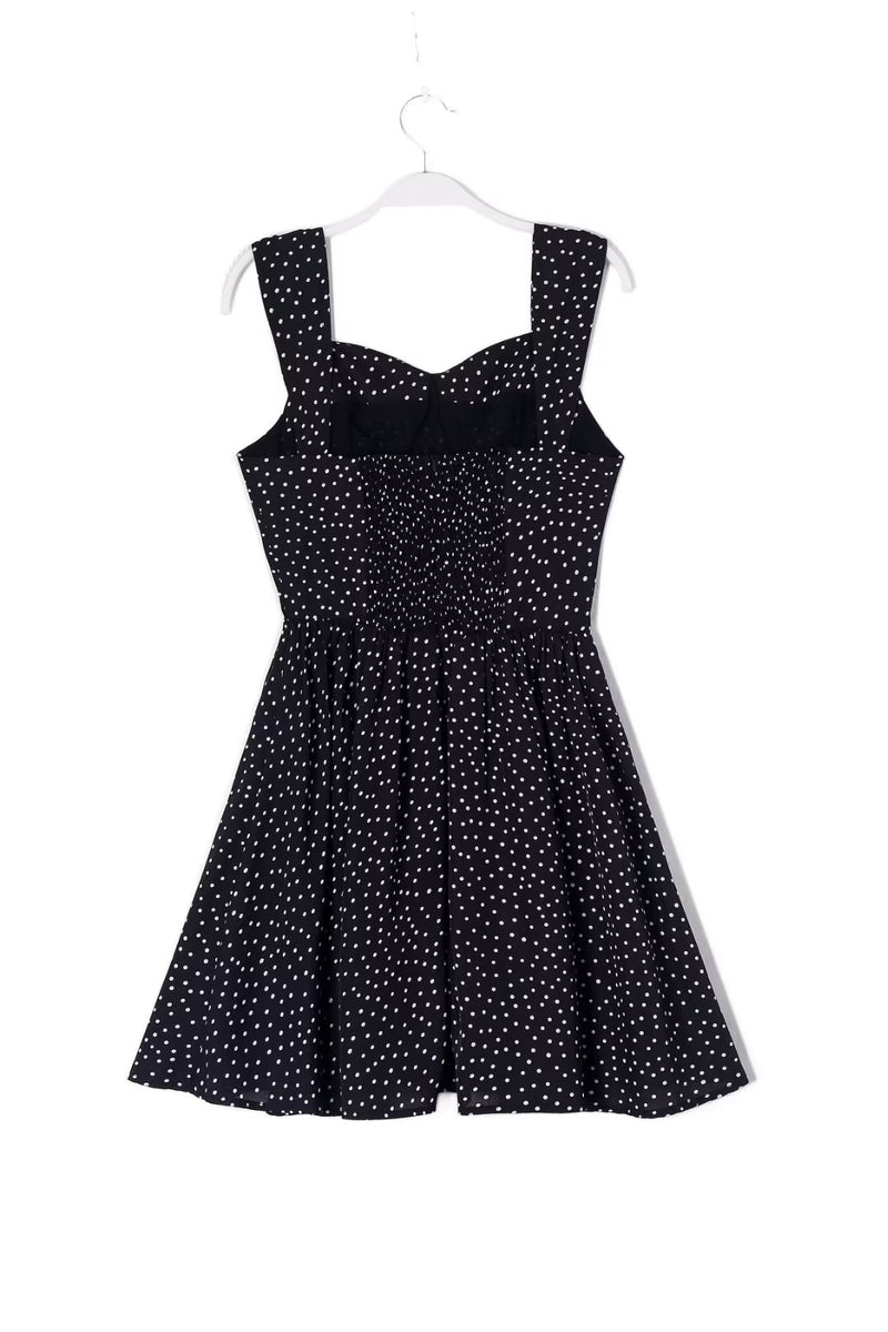 Summer Vacation Casual Comfortable Square Collar Pure Black Bottom Polka Dot Printed Dress