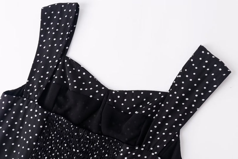 Summer Vacation Casual Comfortable Square Collar Pure Black Bottom Polka Dot Printed Dress