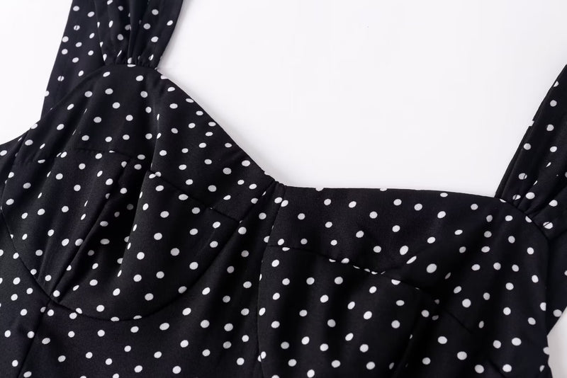 Summer Vacation Casual Comfortable Square Collar Pure Black Bottom Polka Dot Printed Dress