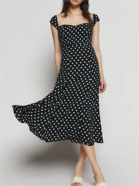 Summer Black Bottom White Polka Dot Casual Vacation Sling Midi Dress for Women