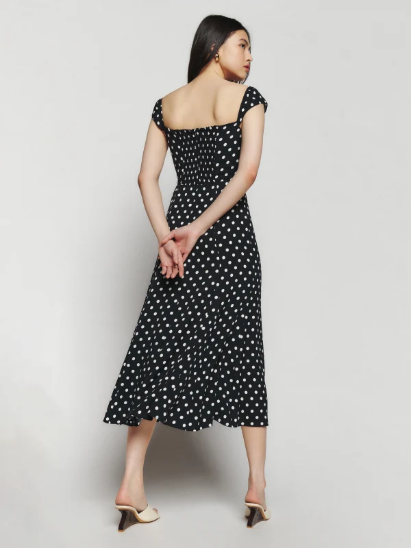 Sommer-Midikleid mit schwarzem Boden, weißem Polka-Dot, lässigem Urlaubs-Sling-Midikleid für Damen