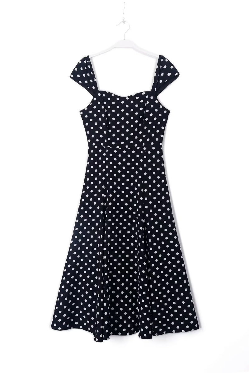 Summer Black Bottom White Polka Dot Casual Vacation Sling Midi Dress for Women