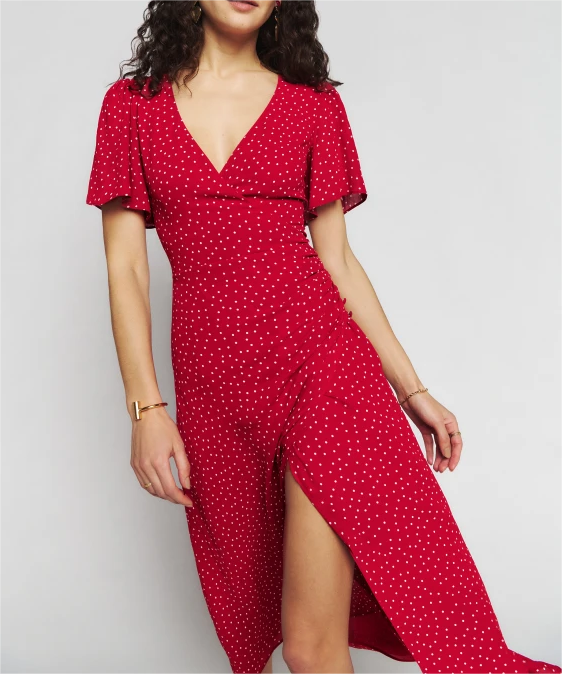 V-Ausschnitt, kurzärmeliges A-Linien-Kleid, sexy seitlicher Schlitz, mittellanges Polka-Dot-Kleid, Sommer, trendige Damenbekleidung