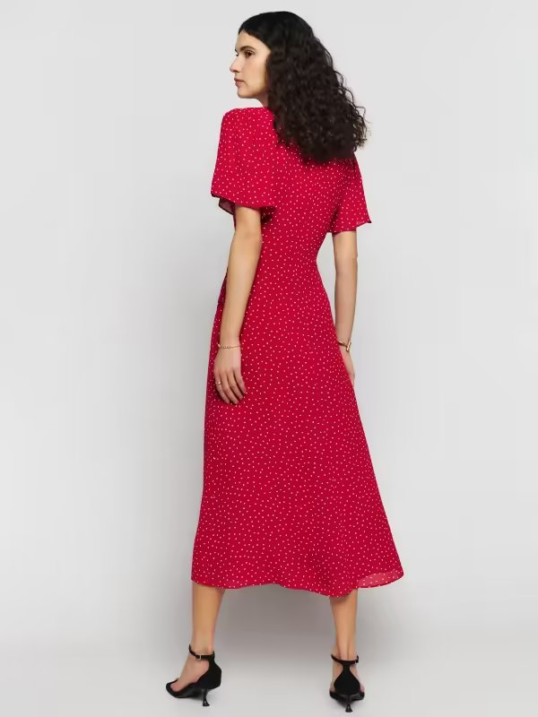 V-Ausschnitt, kurzärmeliges A-Linien-Kleid, sexy seitlicher Schlitz, mittellanges Polka-Dot-Kleid, Sommer, trendige Damenbekleidung