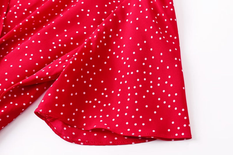 V neck Short Sleeved A  line Dress Sexy Side Split Mid Length Polka Dot Dress Summer Trendy Women  Clothing