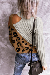 Leopard Splicing Sweater Women Autumn Winter Trendy off Shoulder Asymmetric Buckle Knitted Sweater - Angelique