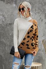 Leopard Splicing Sweater Women Autumn Winter Trendy off Shoulder Asymmetric Buckle Knitted Sweater - Angelique