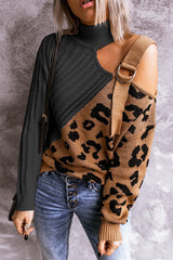 Leopard Splicing Sweater Women Autumn Winter Trendy off Shoulder Asymmetric Buckle Knitted Sweater - Angelique