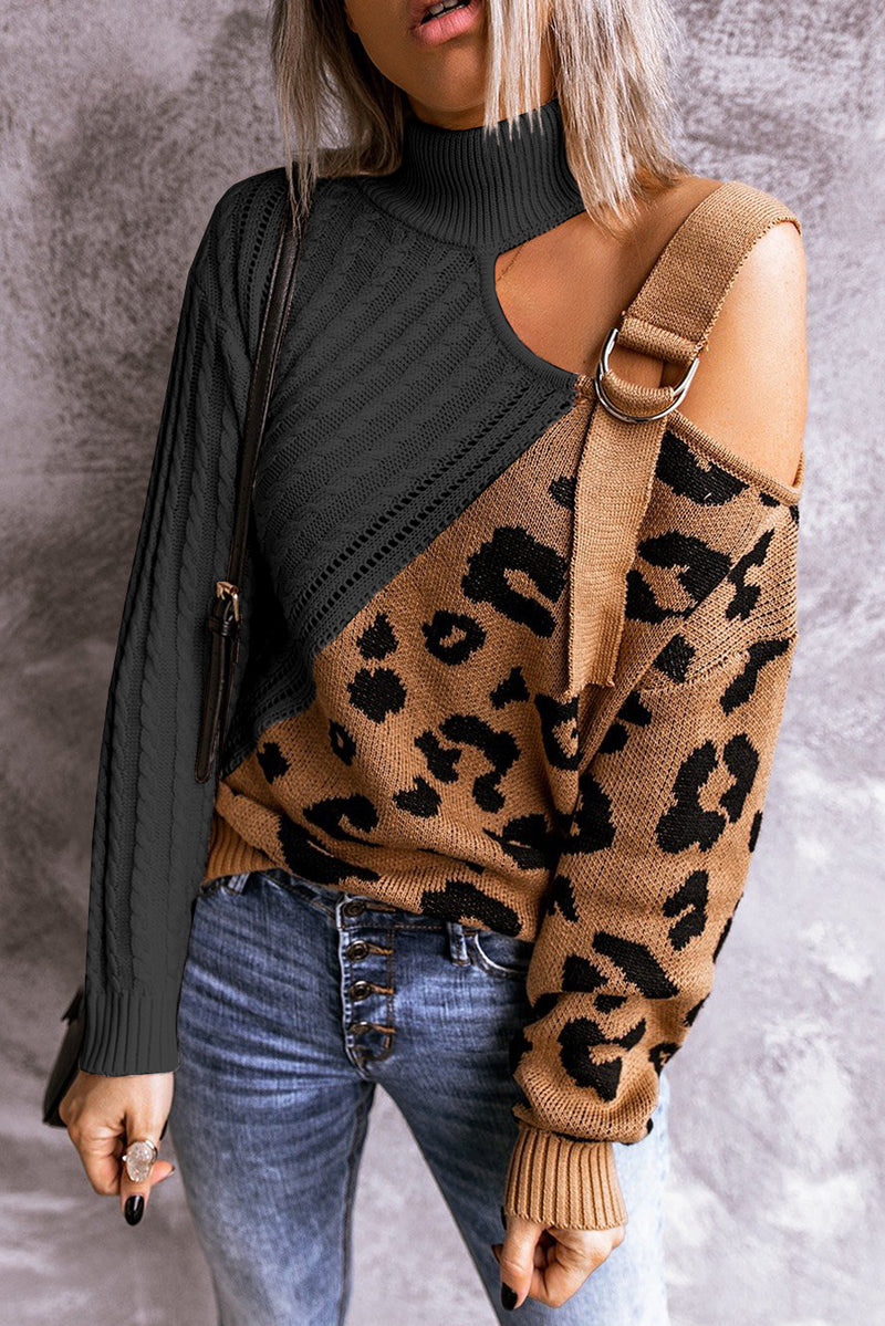 Leopard Splicing Sweater Women Autumn Winter Trendy off Shoulder Asymmetric Buckle Knitted Sweater - Angelique