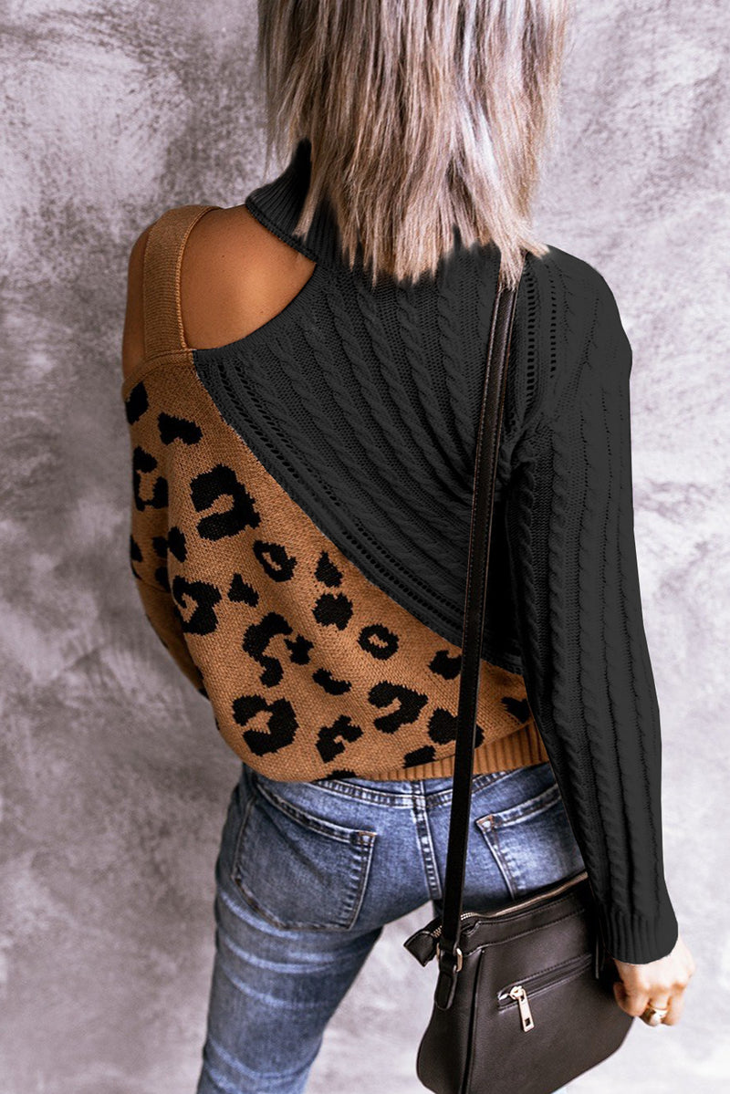 Leopard Splicing Sweater Women Autumn Winter Trendy off Shoulder Asymmetric Buckle Knitted Sweater - Angelique