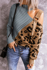 Leopard Splicing Sweater Women Autumn Winter Trendy off Shoulder Asymmetric Buckle Knitted Sweater - Angelique