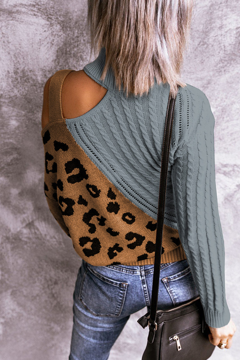 Leopard Splicing Sweater Women Autumn Winter Trendy off Shoulder Asymmetric Buckle Knitted Sweater - Angelique