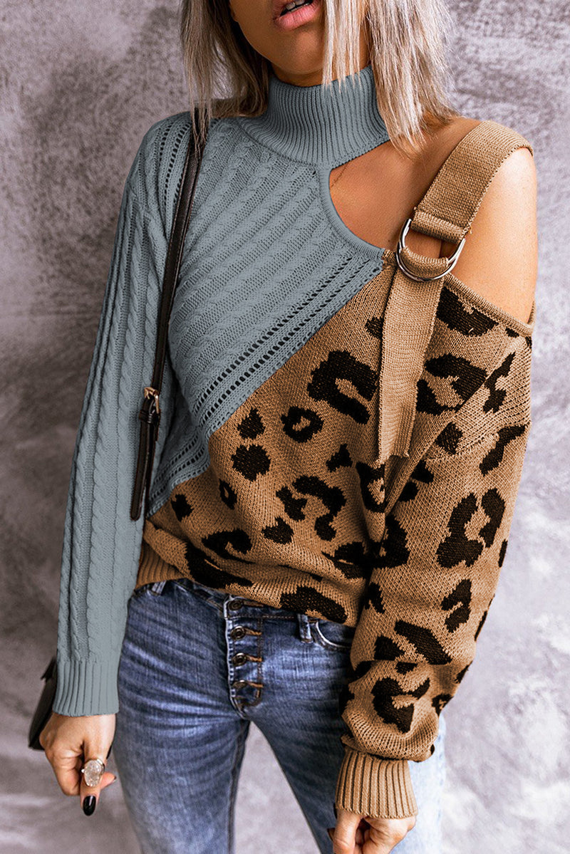 Leopard Splicing Sweater Women Autumn Winter Trendy off Shoulder Asymmetric Buckle Knitted Sweater - Angelique