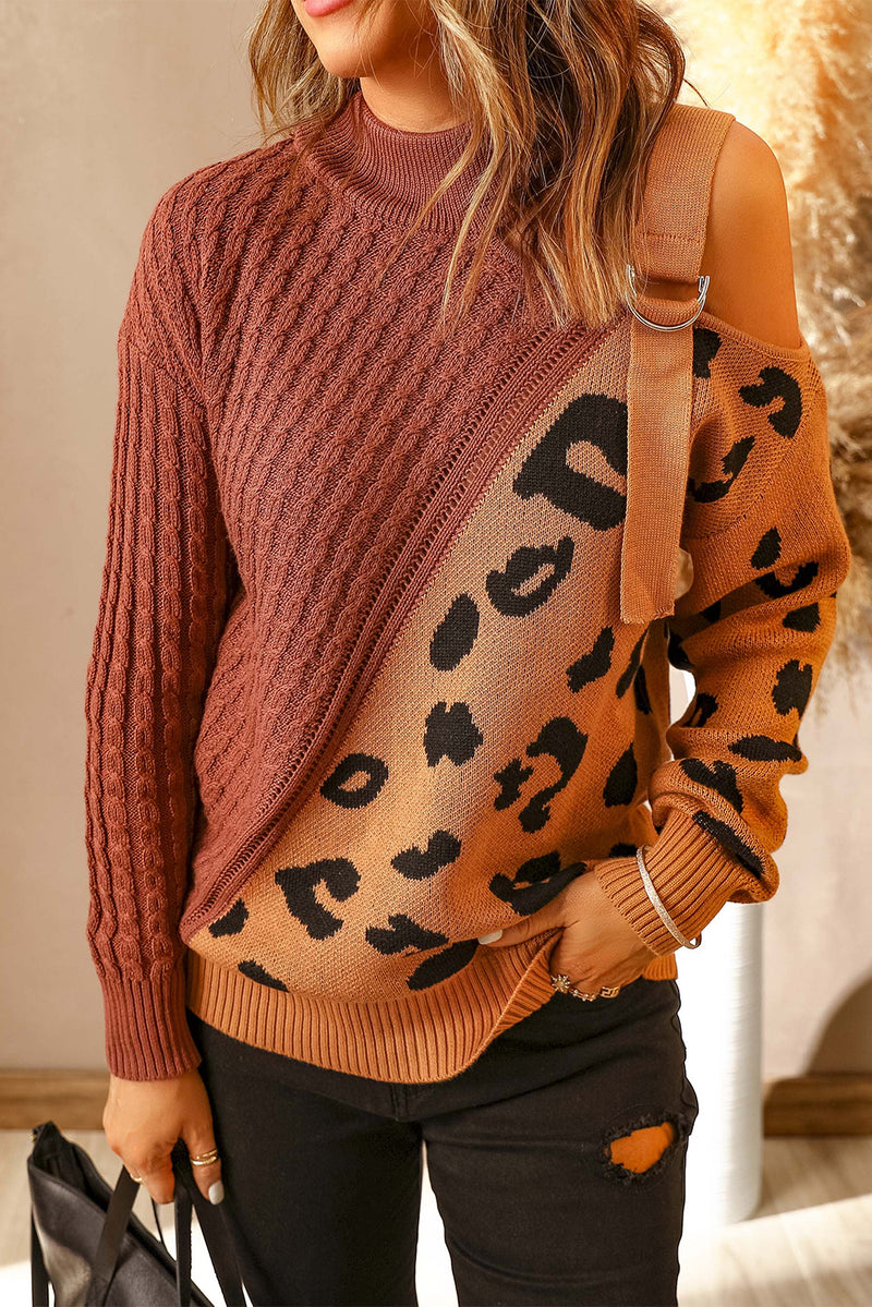 Leopard Splicing Sweater Women Autumn Winter Trendy off Shoulder Asymmetric Buckle Knitted Sweater - Angelique