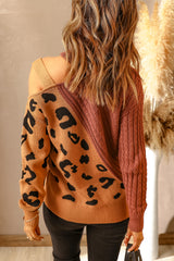 Leopard Splicing Sweater Women Autumn Winter Trendy off Shoulder Asymmetric Buckle Knitted Sweater - Angelique