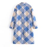 Women Clothing Collared Double Row Ornament Loose Blue Plaid Coat Coat