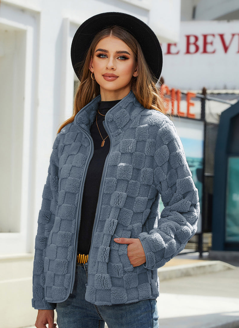 Herbst Winter Frauen Kleidung Langarm Strickjacke Zipper Lose Einfarbig Plaid Plüsch Mantel