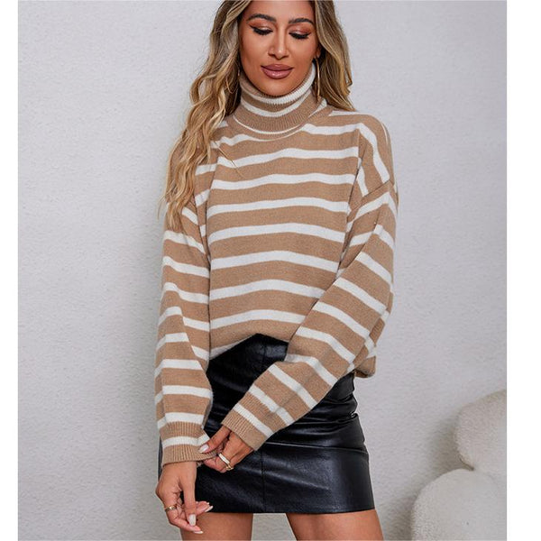 Casual Simple Loose Sweater Idle Turtleneck Striped Long Sleeve Sweater Women Autumn Winter