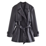 Retro Lapels Faux Leather Mid Length Trench Coat Personality Women Clothing Autumn Belt Lace up Coat