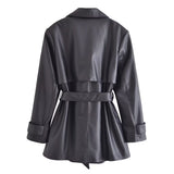 Retro Revers Kunstleder Mittellanger Trenchcoat Persönlichkeit Damen Kleidung Herbst Gürtel Schnürmantel