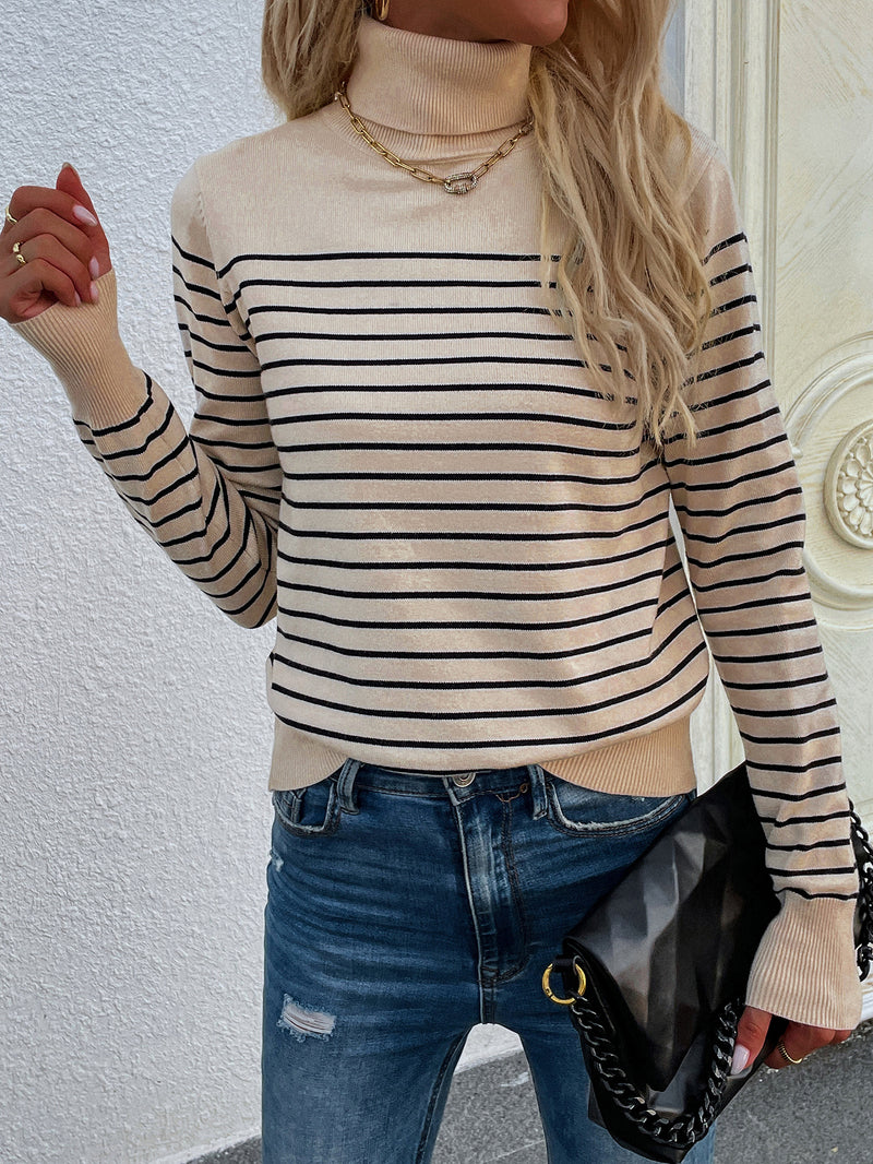 Autumn Winter Striped Women Clothing Turtleneck Sweater Women Striped Pullover Knitwear Women