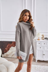 Winter Solid Color Half Collar Pullover Sweater Mid Length Split Dress Women