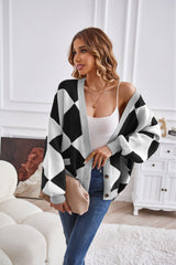 Winter V Neck Geometric Abstract Stitching Contrast Color Knitted Cardigan Casual Loose Jacket Women