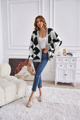 Winter V Neck Geometric Abstract Stitching Contrast Color Knitted Cardigan Casual Loose Jacket Women