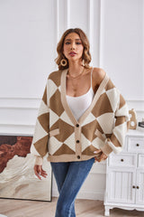 Winter V-ausschnitt Geometrische Abstrakte Nähte Kontrast Farbe Strickjacke Casual Lose Jacke Frauen