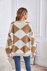 Winter V-ausschnitt Geometrische Abstrakte Nähte Kontrast Farbe Strickjacke Casual Lose Jacke Frauen