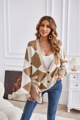 Winter V Neck Geometric Abstract Stitching Contrast Color Knitted Cardigan Casual Loose Jacket Women