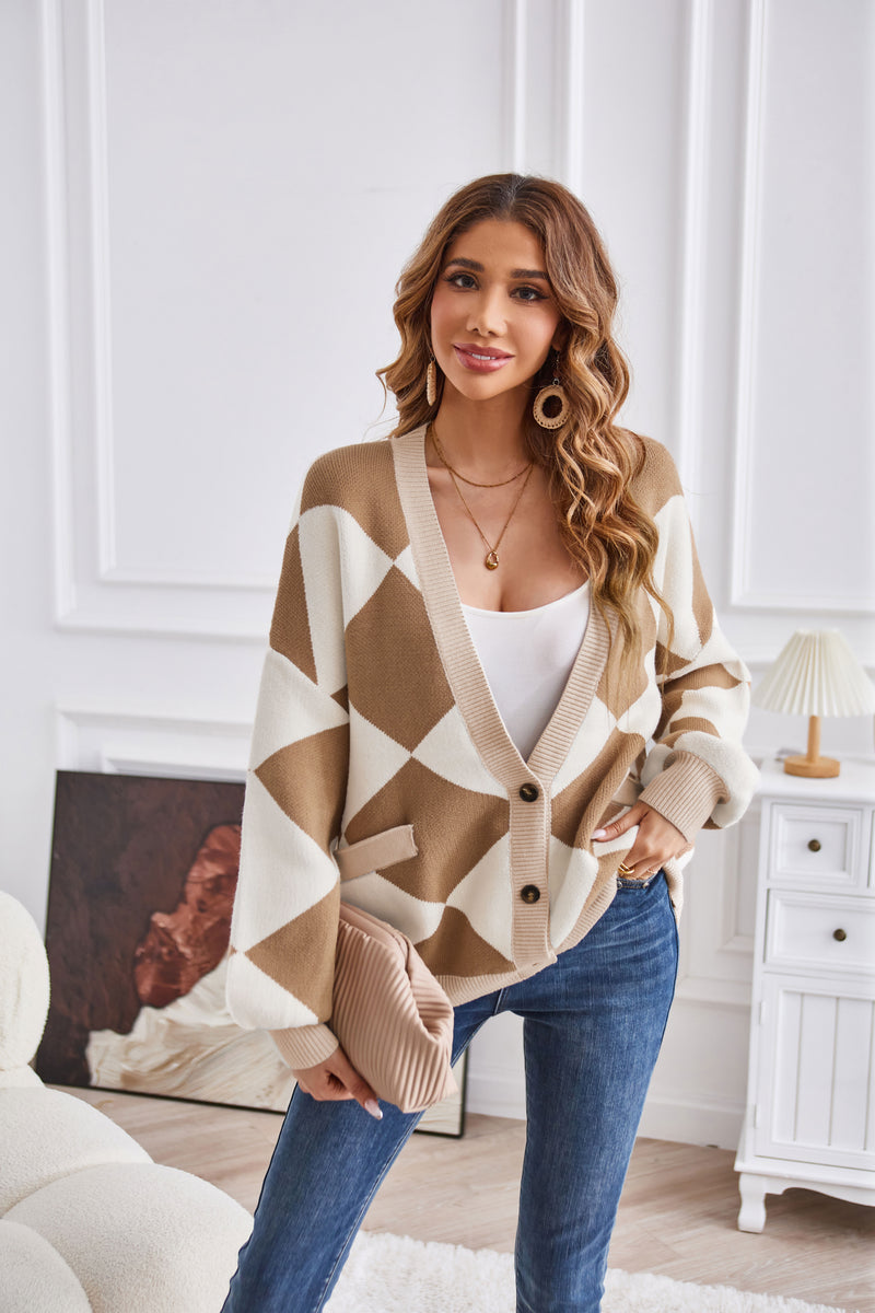 Winter V-ausschnitt Geometrische Abstrakte Nähte Kontrast Farbe Strickjacke Casual Lose Jacke Frauen