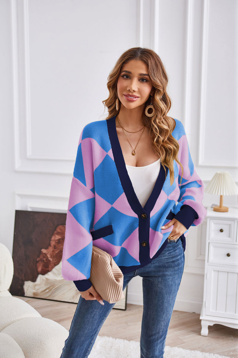 Winter V Neck Geometric Abstract Stitching Contrast Color Knitted Cardigan Casual Loose Jacket Women