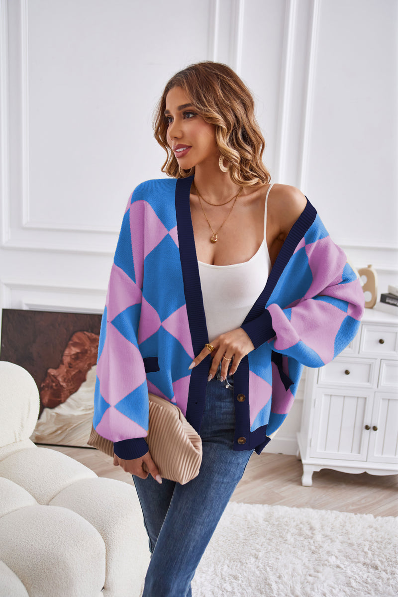 Winter V Neck Geometric Abstract Stitching Contrast Color Knitted Cardigan Casual Loose Jacket Women