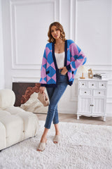 Winter V Neck Geometric Abstract Stitching Contrast Color Knitted Cardigan Casual Loose Jacket Women